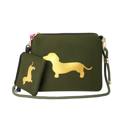 Taschen / Neopren-Umhängetasche Cleo - Dackel Khaki-Gold
