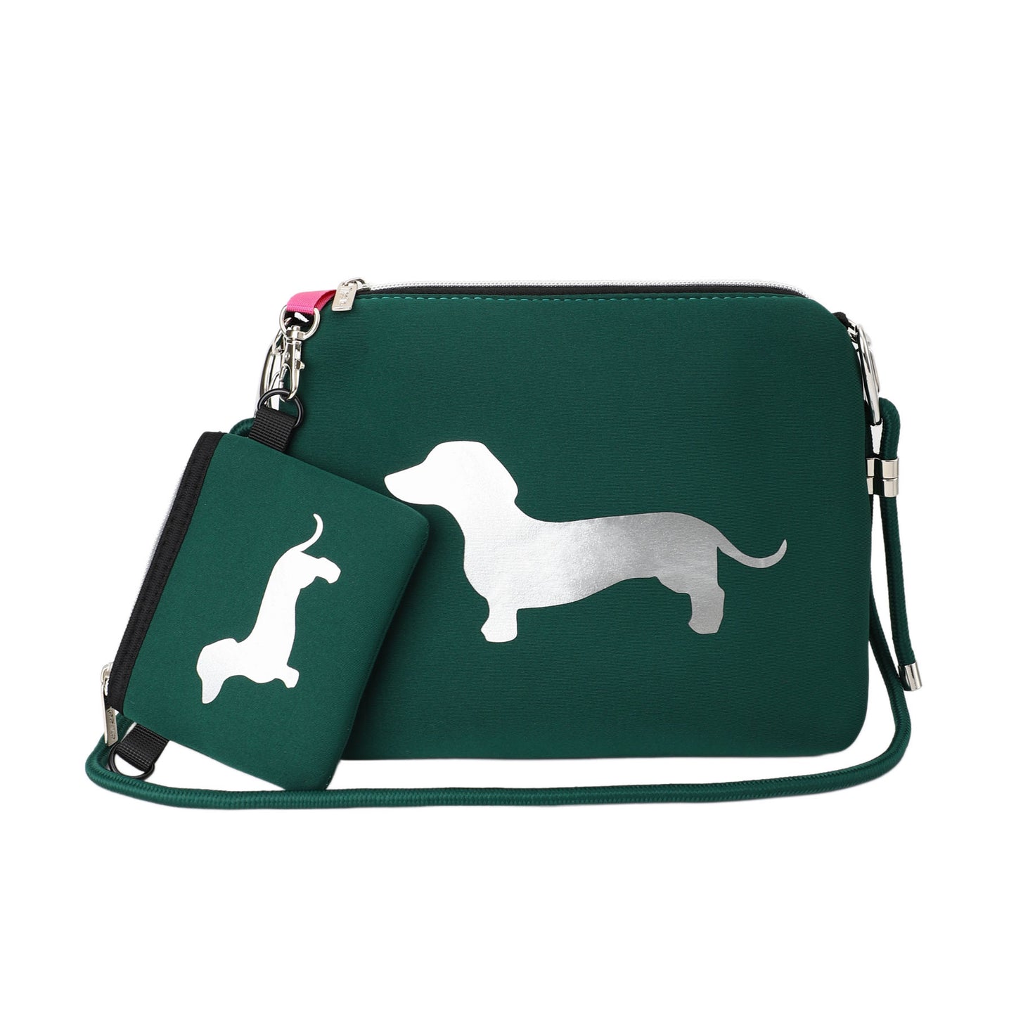 Taschen / Neopren-Umhängetasche Cleo - Dackel Dunkelgrün-Silber