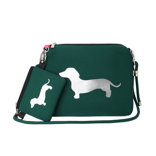 Taschen / Neopren-Umhängetasche Cleo - Dackel Dunkelgrün-Silber